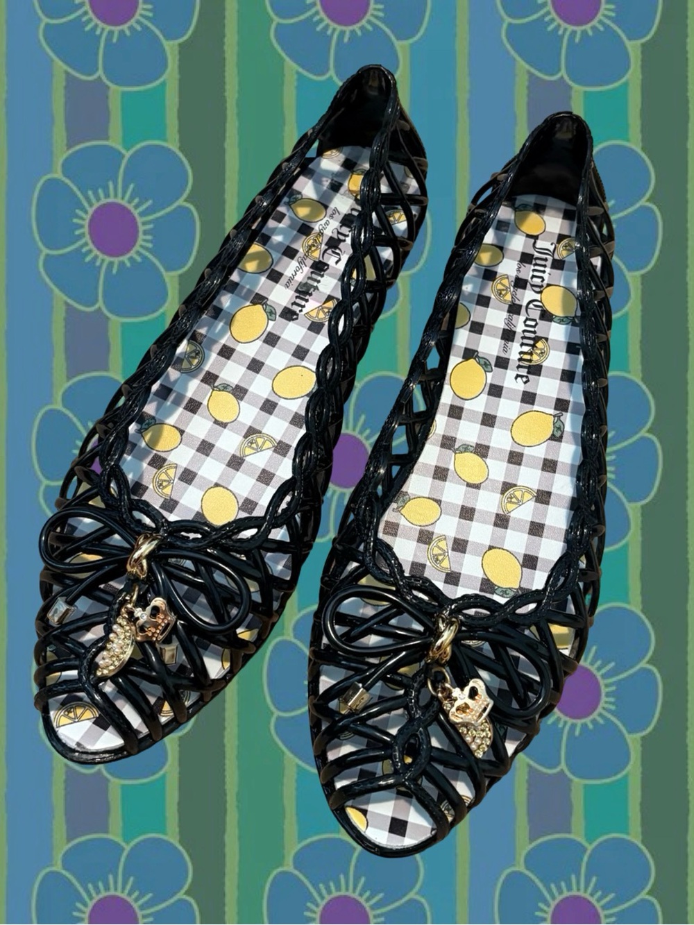 Juicy Couture Black Woven Jelly Flats with Yellow Lemon Print Insole